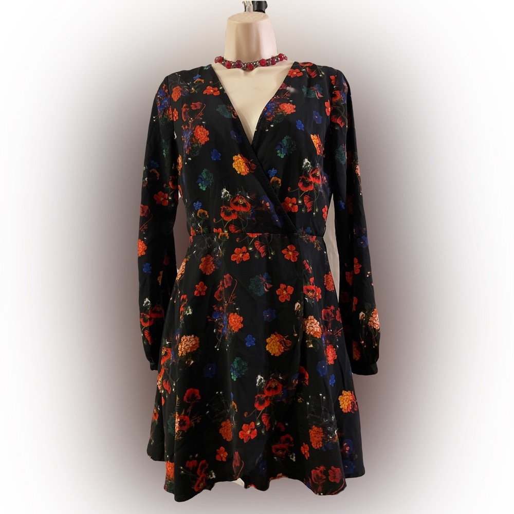 S Gianni Bini Black Floral Long Sleeve Dress